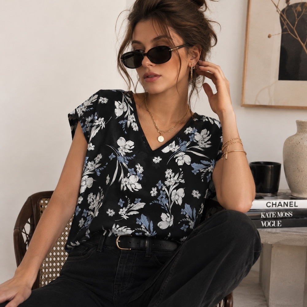 Worthington Black Floral V-Neck Short Sleeve Blouse XL Blue White Flower Print